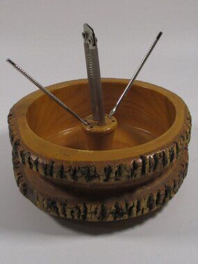 Vtg Handmade Wood Nut Cracker Bowl 1 Nut Cracker 2 Picks 8 in. dia. x 3.25 in h